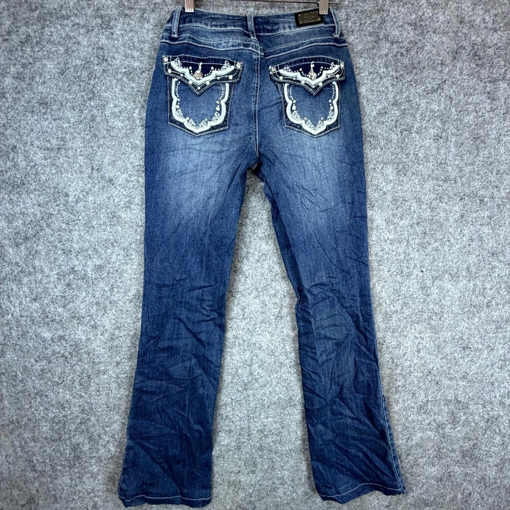 Earl Slim Boot Jeans Womens‎ 4 Blue Y2K Denim Cowgirl Flap Pocket Rhinestone